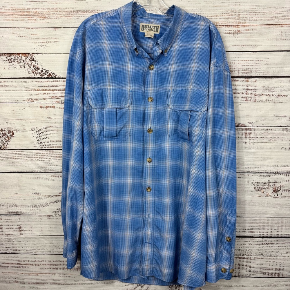 Duluth Trading Co  size XLT button down hiking‎ Light Blue Plaid Casual Shirt